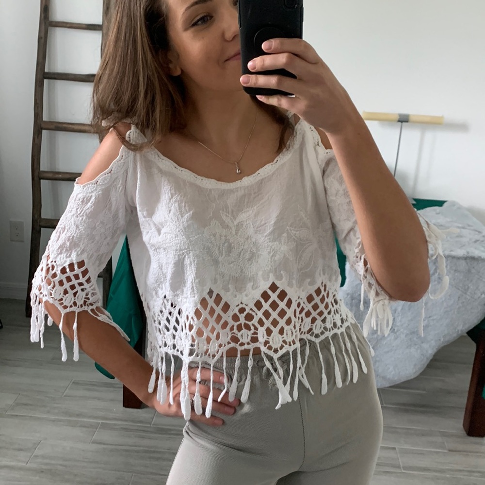 Crochet White Crop Top, Cover Up / Size S